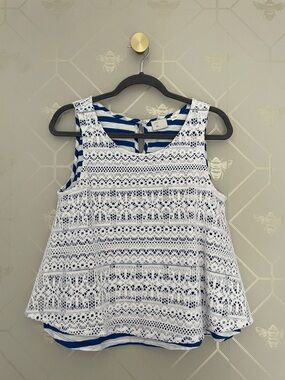 Womens’ White Crochet Overlay Tank with Blue Striped Lining